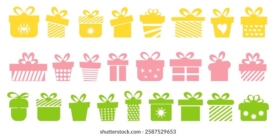 Gift boxes with ribbon and bow in a flat design. Present box, prize, gift for holiday, celebration, party. Vector gift, present boxes.