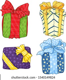 Gift boxes with ribbon bow with stripes, stars and dots in different brights color vector hand draw illustration collection in cartoons style. Best for pattern design, birthday, christmas