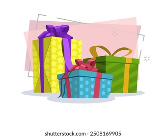 Gift boxes with ribbon bow vector illustration. Present, package, decoration. Festive concept. Can be used for topics like Christmas, New Year, birthday
