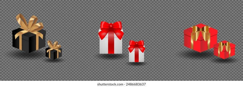 Gift boxes with ribbon bow.Christmas gifts on a pine tree branch. On a transparent background. Vector EPS 10