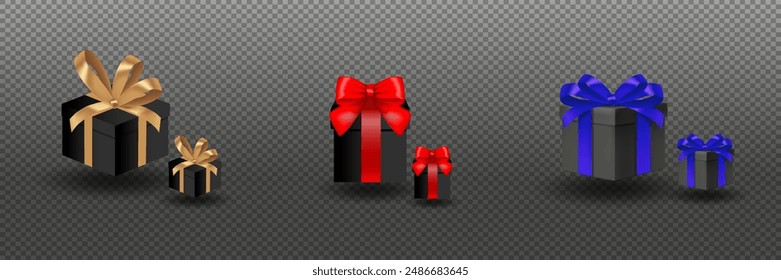 Gift boxes with ribbon bow.Christmas gifts on a pine tree branch. On a transparent background. Vector EPS 10