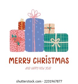 Geschenkbox mit Band und Bogen verschiedenen Formen und Größen. Großer Haufen Geschenke in festlicher Verpackung für Weihnachtsfeiertag oder Neujahr. Verkaufs- und Einkaufskonzept. Vektorgrafik