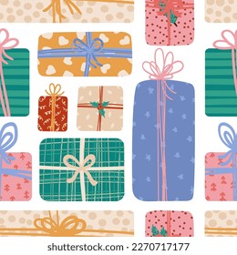 Gift Boxes with Ribbon and bows different shapes and sizes seamless pattern. Presents in festive wrapping paper for Christmas holiday or Birthday. Sale, shopping concept. Vector texture
