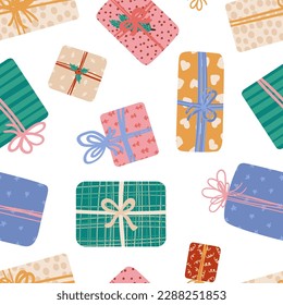 Gift Boxes with Ribbon and bows different shapes and sizes seamless pattern. Presents in festive wrapping paper for Christmas holiday or Birthday. Sale, shopping concept. Vector texture