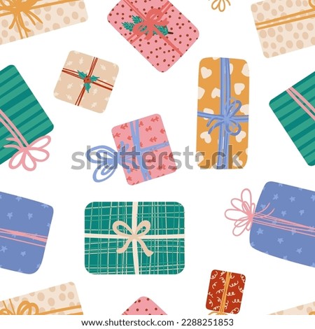 Gift Boxes with Ribbon and bows different shapes and sizes seamless pattern. Presents in festive wrapping paper for Christmas holiday or Birthday. Sale, shopping concept. Vector texture