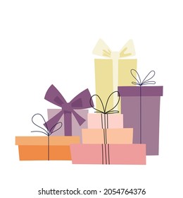 Cajas de regalo con arcos de cinta, ilustración de doodle plano.
