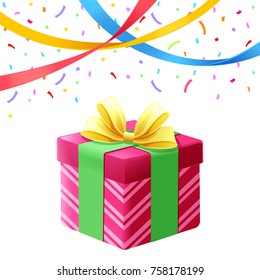 Gift boxes, ribbon and confetti party on white background, Vector illustration