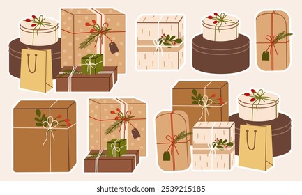 Gift boxes with ribbon. Cozy winter illustration for stickers, logo, cards, posters, wrapping, scrapbooking, patterns. Present stickers set in flat style.