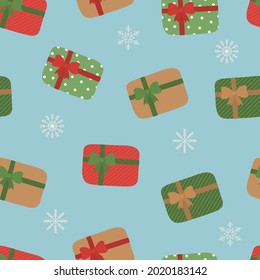 Gift boxes with ribbon. Festive seamless pattern. Merry Christmas. Vector illustration