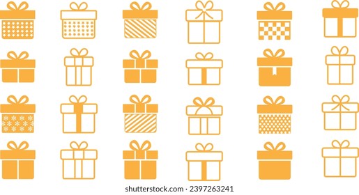 Gift boxes with ribbon icons Set. Gift box icons in Trendy Flat style. Surprising gift boxes, Gift wrapping simple yellow symbols signs editable stock for apps and websites on transparent background.