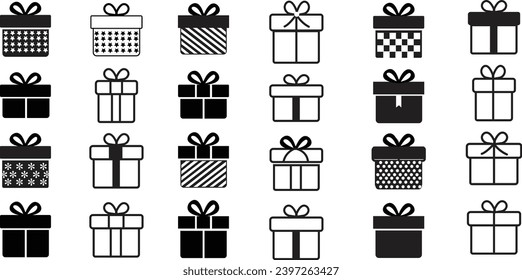 Gift boxes with ribbon icons Set. Gift box icons in Trendy Flat style. Surprising gift boxes, Gift wrapping simple black symbols signs editable stock for apps and websites on transparent background.