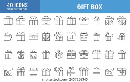 Gift boxes with ribbon icons Set. Gift box icons. Surprising gift boxes, Gift wrapping simple black symbols signs editable stock for apps and websites on transparent background.