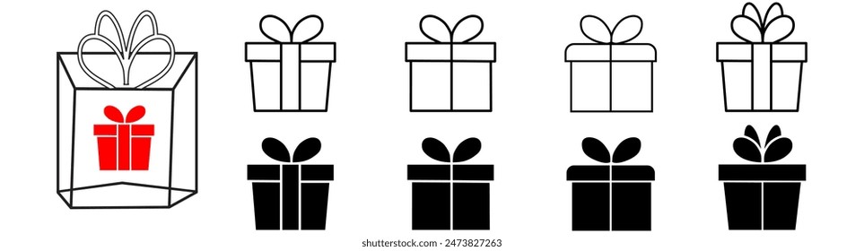 Cajas de regalo con iconos de cinta Set. Iconos de caja de regalo en estilo moderno plano. Cajas de regalo sorprendentes, envoltura de regalo simples símbolos negros signos de stock editable para App.