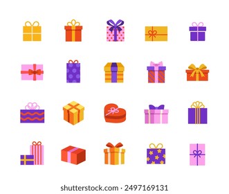 Cajas de regalo con los iconos de la cinta fijados. Carteles coloridos con cajas de regalo en papel de regalo, sorpresas y regalos de vacaciones. Diseño para App. Colección de Ilustración vectorial plana aislada sobre fondo blanco
