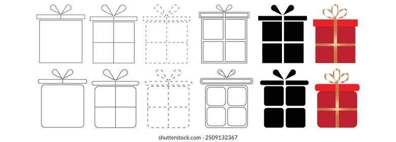 Gift boxes with ribbon icons Set.  Flat style Gift box icons. Surprise gift boxes, Gift wrapping simple black symbols signs editable stock for apps and websites with transparent background. EPS Vector