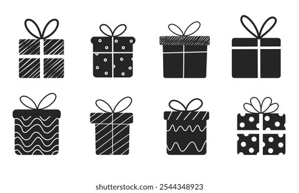 Cajas de regalo con iconos de cinta. Iconos de la caja de regalo en estilo plano de moda. Cajas de regalo sorprendentes sobre fondo blanco.