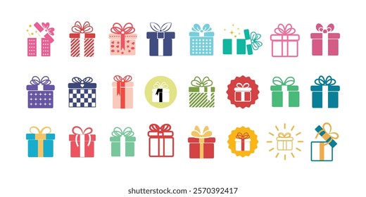 Gift boxes with ribbon icons Set. Gift box icons in Trendy Flat style. Surprising gift boxes, Gift wrapping simple black symbols signs editable stock for apps and websites on white background.