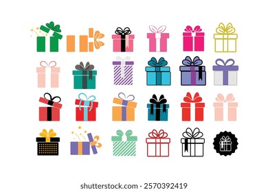 Gift boxes with ribbon icons Set. Gift box icons in Trendy Flat style. Surprising gift boxes, Gift wrapping simple black symbols signs editable stock for apps and websites on white background.