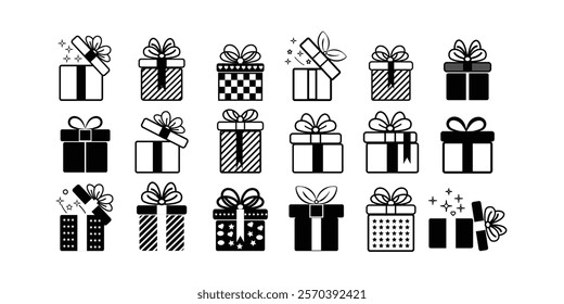 Gift boxes with ribbon icons Set. Gift box icons in Trendy Flat style. Surprising gift boxes, Gift wrapping simple black symbols signs editable stock for apps and websites on white background.