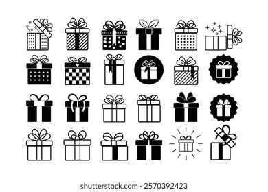 Gift boxes with ribbon icons Set. Gift box icons in Trendy Flat style. Surprising gift boxes, Gift wrapping simple black symbols signs editable stock for apps and websites on white background.