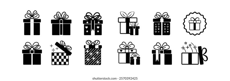 Gift boxes with ribbon icons Set. Gift box icons in Trendy Flat style. Surprising gift boxes, Gift wrapping simple black symbols signs editable stock for apps and websites on white background.