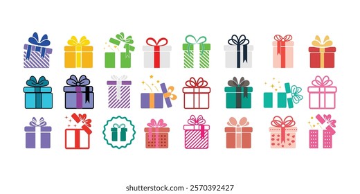 Gift boxes with ribbon icons Set. Gift box icons in Trendy Flat style. Surprising gift boxes, Gift wrapping simple black symbols signs editable stock for apps and websites on white background.