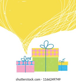 Gift boxes with ribbons and big yellow bubble background for text isolated on white