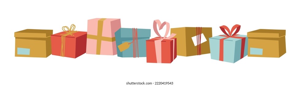 Cajas de regalo con cintas. Borde para la decoración. Imagen vectorial.