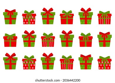 Gift boxes with ribbons and bows, big set of colorful packages for holiday. Design element for greeting cards, packaging, textiles. Vector illustration on white background