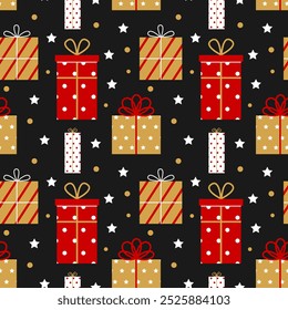 Gift boxes with ribbons and bows for Christmas, birthday, wedding, Valentine's Day. Festive Seamless pattern with gifts and stars on dark background