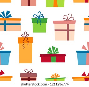 Сolorful gift boxes with ribbons and bows. Present box. Seamless pattern. Vector illustration in cartoon and flat style