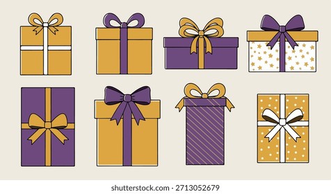 Cajas de regalo con cintas y lazos en púrpura y oro