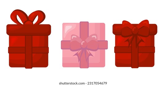 Gift boxes with ribbons bows set. Present for birthday, Christmas, Valentine day. Vector illustration