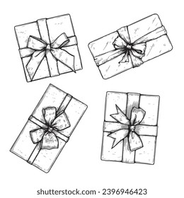 Cajas de regalo con cintas y arcos. Colección de ilustraciones de esbozos dibujados a mano. Vista superior cerrar el dibujo de cajas de regalo redondas aisladas en fondo blanco.