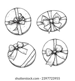 Gift boxes with ribbons and bows set. Hand drawn sketch illustrations collection. Top view close up drawing of round gift boxes isolated on white background.