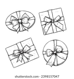Gift boxes with ribbons and bows set. Hand drawn sketch illustrations collection. Top view close up drawing of round gift boxes isolated on white background.