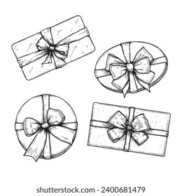 Gift boxes with ribbons and bows set. Hand drawn sketch illustrations collection. Top view close up drawing of round gift boxes isolated on white background.