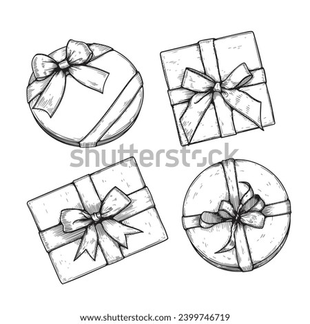 Gift boxes with ribbons and bows set. Hand drawn sketch illustrations collection. Top view close up drawing of round gift boxes isolated on white background.
