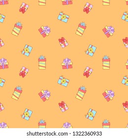 Gift boxes with ribbons and bows in the style of Doodle, hand drawing - seamless pattern. Colorful packing boxes on orange background