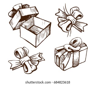 Gift boxes with ribbons and bows. Vector sketch set. Hand drawn retro style.