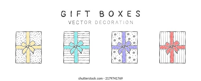 Gift boxes with ribbons. Drawn gift boxes with different textures. Drawings decor elements. Vector illustration