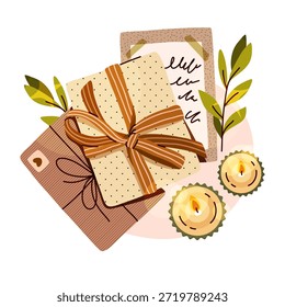 Cajas de regalo con cintas, notas escritas a mano, hojas verdes y velas encendidas. Ilustración acogedora y cálida perfecta para celebraciones, fiestas u ocasiones especiales.