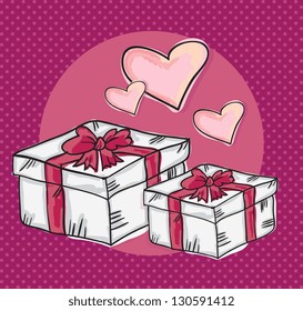 Gift boxes with ribbons and hearts. Vector Illustration