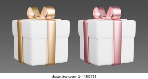 Cajas de regalo con cintas, cajas blancas 3d realistas con arcos de oro y oro rosa. Sorpresa regalo aislado sobre fondo gris. Ilustración vectorial.