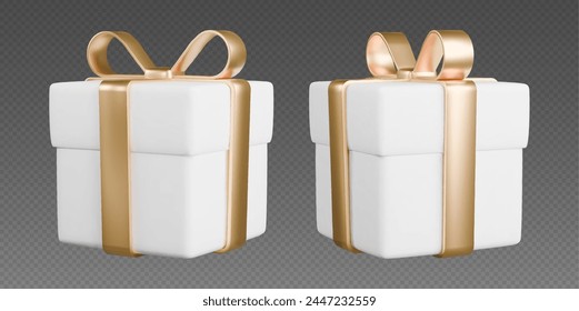Cajas de regalo con cintas, cajas blancas 3d realistas con arcos dorados. Sorpresa regalo aislado sobre fondo gris. Ilustración vectorial.