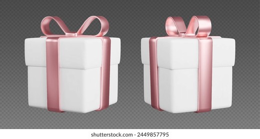 Gift boxes with ribbons, realistic 3d white boxes with rose gold bows. Surprise gift isolated on grey background. Vector illustration.