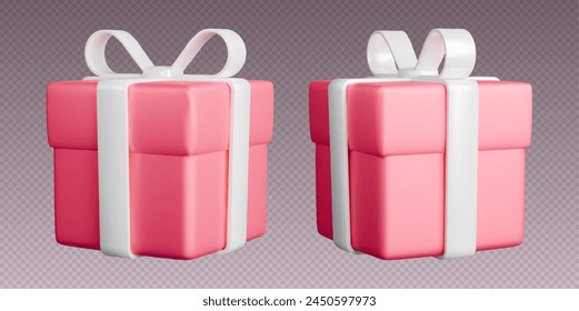 Cajas de regalo con cintas, cajas rosas 3d realistas con lazos blancos. Sorpresa regalo aislado sobre fondo gris. Ilustración vectorial.