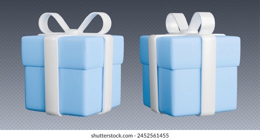 Cajas de regalo con cintas, cajas azules 3d realistas con lazos blancos. Sorpresa regalo aislado sobre fondo gris. Ilustración vectorial.