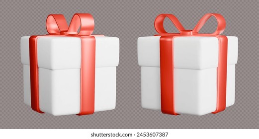 Cajas de regalo con cintas, cajas blancas 3d realistas con lazos rojos. Sorpresa regalo aislado sobre fondo gris. Ilustración vectorial.