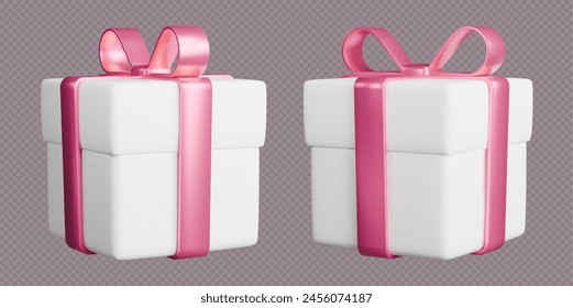 Cajas de regalo con cintas, cajas blancas 3d realistas con lazos rosas. Sorpresa regalo aislado sobre fondo gris. Ilustración vectorial.